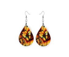 Sunflower Butterfly Handmade Wood Tear Drop Dangle Printed Earrings Jewelry