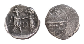 SAMARIA 375 333BC AR 8mm Obol 0 65g Phoenician galley Persian king slaying Lion