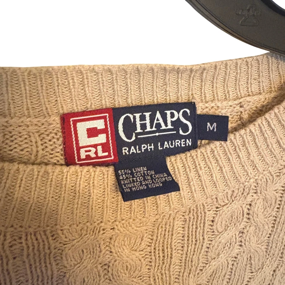 Chaps Ralph Lauren Mens M Cable Knit Fisherman Linen Cotton Blend Sweater Tan - Image 2 of 4