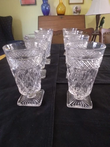 MCM Vtg drinking glasses Set 8 Rare Square Footed 12oz 6” Federal Glass (?)
