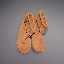 Vintage Minnetonka Brown Suede Zip Fringe Moccasin Ankle Booties Soft Sole 7