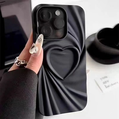 3D Heart Fold Wrinkle Phone Case for iPhone 11-17 Soft Matte Silicone Cover
