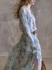 French Summer Women's Printed Floral Silk Dress Long Sleeved V Neck A-Line Dress