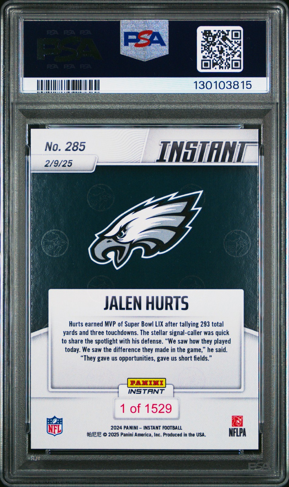 2024 PANINI INSTANT NFL #285 JALEN HURTS PSA 10 view 2