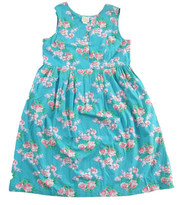 VTG Carriage Court Cotton Blue Green Pink Floral Pocket Button Tank Sun Dress M