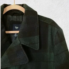 GAP Wool Blend Men’s Plaid Pea Coat L Green Blue Check Double Breasted Classic