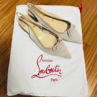Christian Louboutin Hall 20 Beige Sling back Bow Flats 38.5 US 8.5 Mint