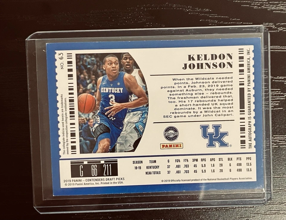 2019 Contenders Draft Keldon Johnson Rookie Auto College Ticket | Kentucky RC🏰 - Image 2 of 2