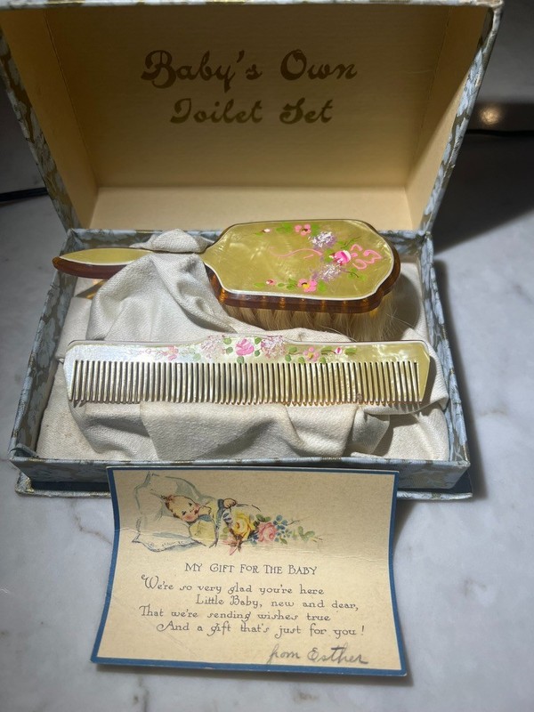 Antique Baby’s Toilet Set brush and comb set hand painted 1930-40s