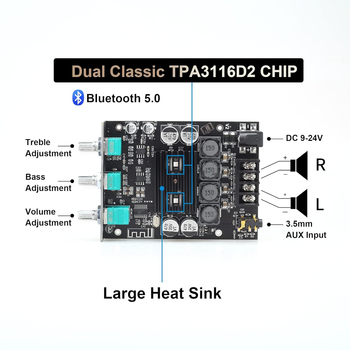 ZK-1002T Bluetooth Amplifier Board with Treble and Bass Control