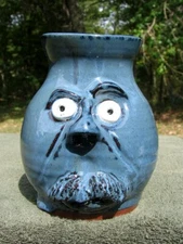 Redneck UGLY FACE JUG VASE southern pottery ceramic funny figurine nc blue