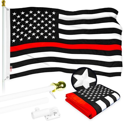 G128 5ft Aluminum Flagpole (White) & Thin Red Line Flag Embroidered 2x3ft