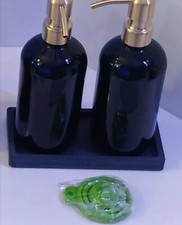 Set of 2 Liquid Soap/Lotion Dispensers-Brushed Gold and Black Glass NEW In Box