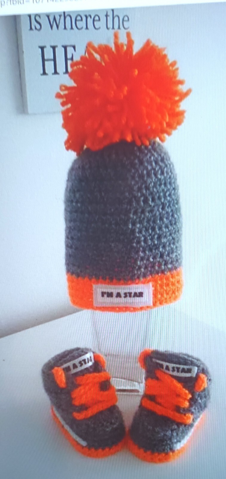 BABYCROCHET SHOES And HAT  BABY'S NAME HANDMADE TRAINERS SNEAKERS ORANGE GREY 
