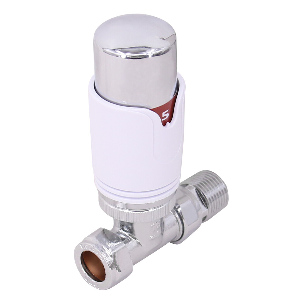 One of White & Chrome Straight Thermostatic Radiator Valve 15mm Heated Rad