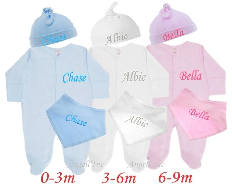 Personalised Baby Hat Bib Grow SET, Sleepsuit, Embroidered Custom Gift Newborn