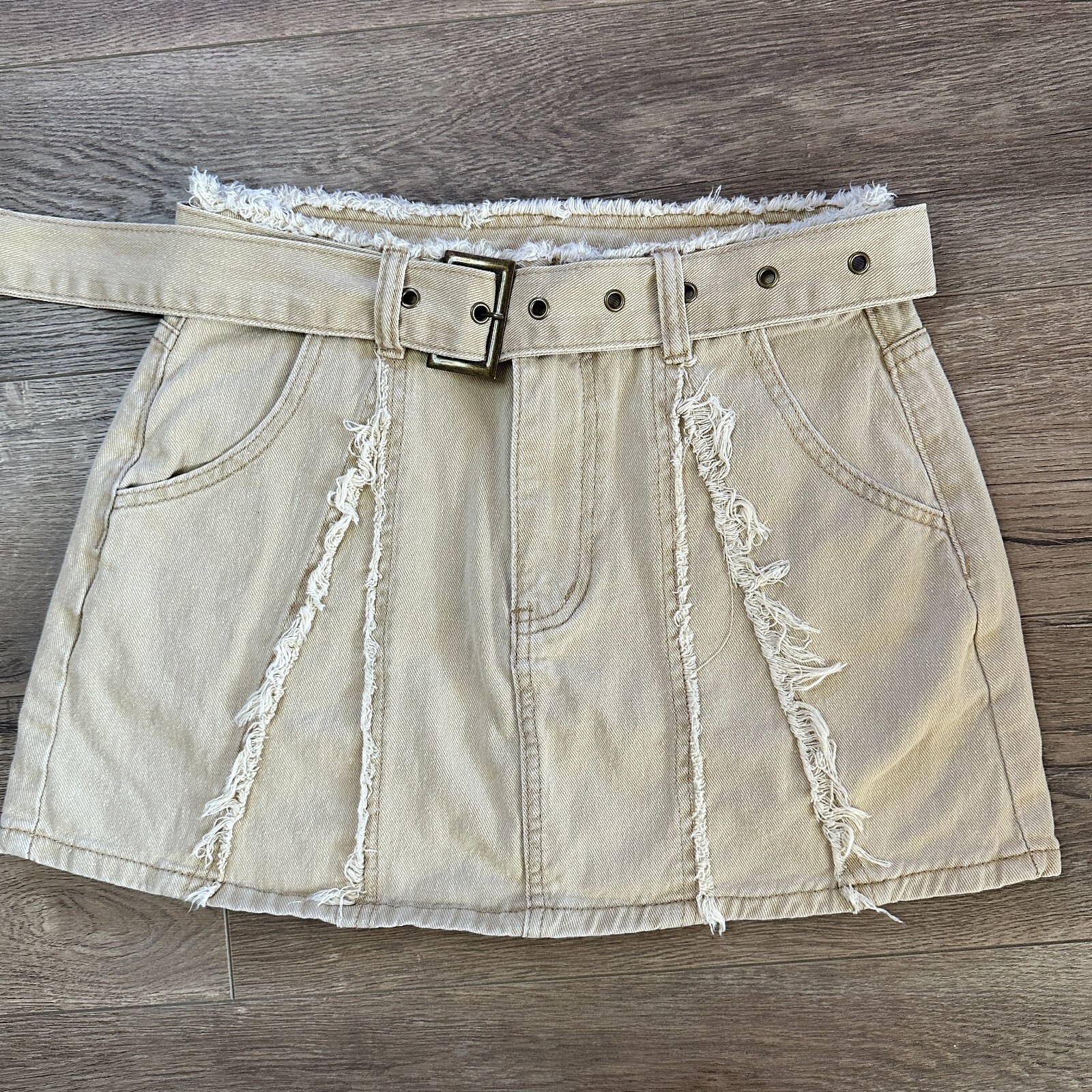 Y2k Mini Skirt Small Beige Belted Fringe Distressed-image