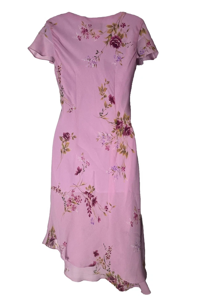 Vtg Positive Attitude Y2K Pink Floral Asymmetric Flounce Fairy Midi Dress 6 - Image 3 of 4