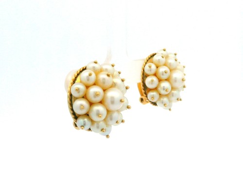 Vintage 14k Yellow Gold Cultured Pearl Sputnik Round Button Clip-On Earrings - Picture 4 of 8