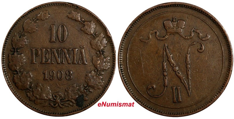 Finland Nicholas II Copper 1908 10 Penniä Mintage-320,000 VF KM# 14 (18 741)