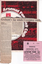 Arsenal v Coventry City 12/10/1968 Ticket Programme + Cutting