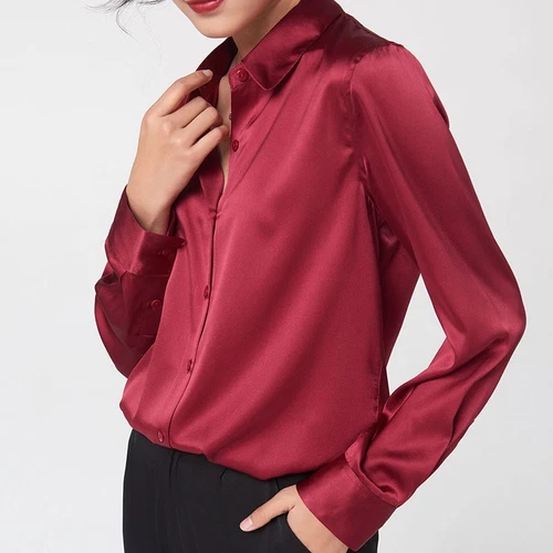 Damen Seiden Hemd Glänzend Satin Bluse Langarm Büro Oberteil Knopfleiste Business - Bild 4 von 15