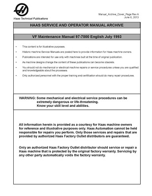 Haas Milling Machine 97-7000 Operators & Service Operator Manual 1993