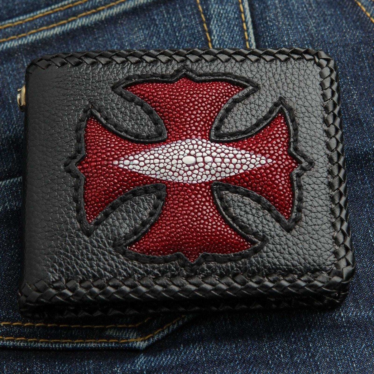 Biker Wallet Red Cross Stingray Skin Inlaid Leather Mens