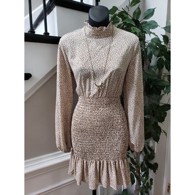 SHELN Women's Beige Shirred Ruffle Hem Heart Print Long Sleeve Mini Dress  Size S | eBay