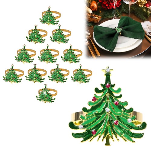 Set of 12 Christmas Napkin Rings - Xmas Tree Napkin Holder Rings with Red Whi