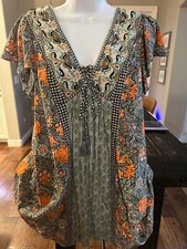 By Anthropologie Short Sleeve Floral/Geometric Black Orange Sage Dress Size XS