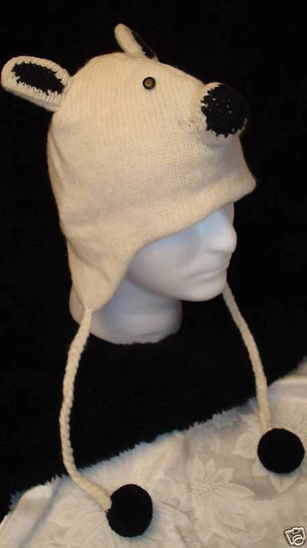 POLAR BEAR HAT knit animal ski cap costume ADULT mens womens wool FLEECE LINED