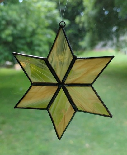 6-point Star of David Hanging Gold Stained Glass Sun Catcher Ornament 4.75" 