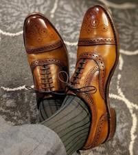 New Men's Handmade Tan Color Leather Oxford Cap-Toe Brogue Lace Up Formal Shoes