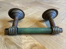 Rare Art Deco Bronze Door Pull Handle Genuine Green Shagreen Stingray Skin c1930