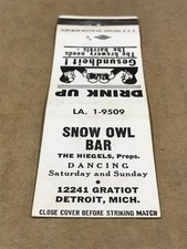 Vintage Snow Owl Bar - Detroit, Michigan - Matchcover, Matchbook