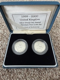 1999 2000 UK Silver Proof One Pound Millennium Two Coin Set boxed with COA