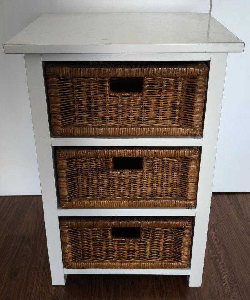 Bali Boho Stil Kommode weiß mit 3 Rattan Körben Landhaus Holz Schrank Bad Flur