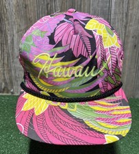 HAWAII Vintage 90s Tropical Floral Leaves Pink Double Snapback Hat Hawaiian Rope