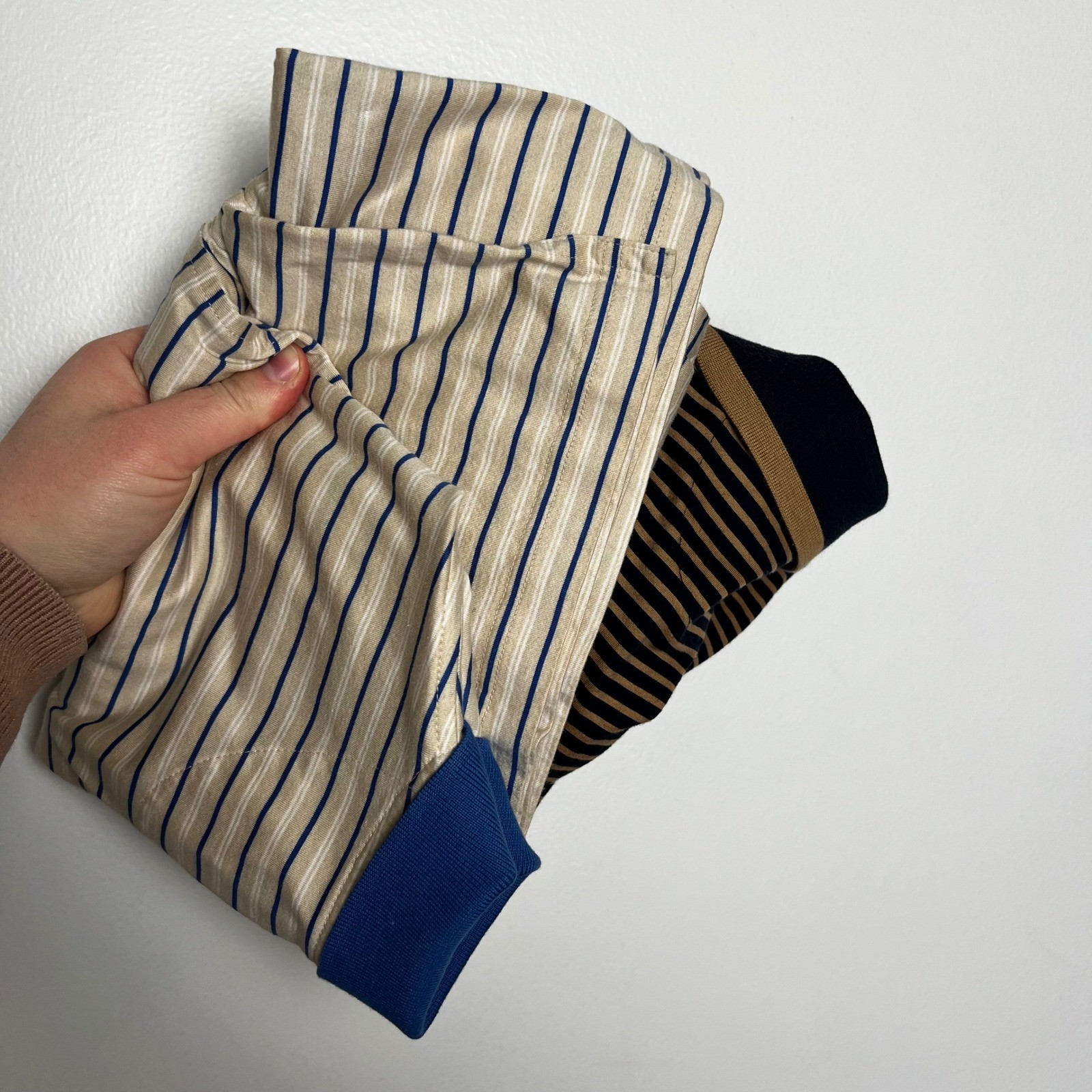 Joey Rodolfo Resort Two Mens Striped Polo Shirts Set of 2 Tan Blue Cream L VTG