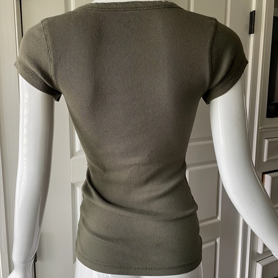 Vintage Y2K Womens Large Fitted Button Henley Baby Tee Olive Green Bella Swan - Image 2 of 4