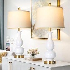 27" Double Gourd Ceramic Table Lamps Set of 2, Modern Bedroom Lamp with White