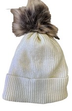 Women's Cream Metallic Iridescent White Beanie With Bown Faux Fur Pom Pom