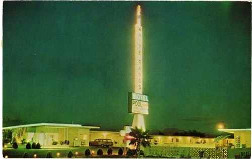Vintage White Sands Motel Neon Sign Las Vegas Night Postcard
