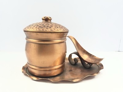 Vintage Gregorian Solid Hammered Copper Kitchen Spoon Holder with Lidded Jar