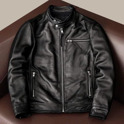 Men s Black Genuine Leather Jacket, Biker Style, Classic Moto Outerwear