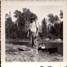 Vintage Found Candid Photo Man by Lakeside 1950s Camping Adventure Black White