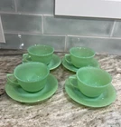 Vintage Fire King Jadeite Tea Cups and Saucers Jane Ray Ribbed Pattern Set Of 4