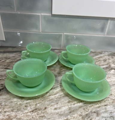 Vintage Fire King Jadeite Tea Cups and Saucers Jane Ray Ribbed