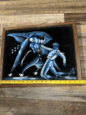 Vintage Framed 18 X 15” Velvet Painting of Bull & Matador Fight
